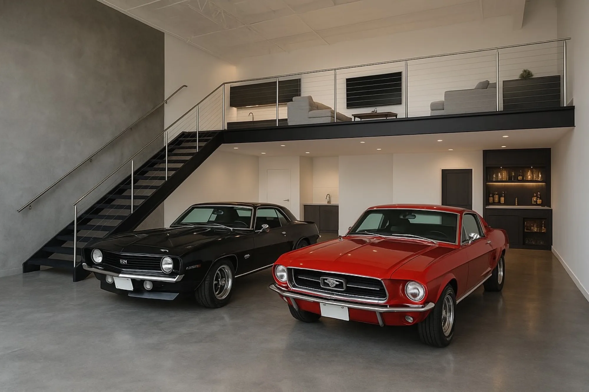 Garage showroom with classic cars and loft