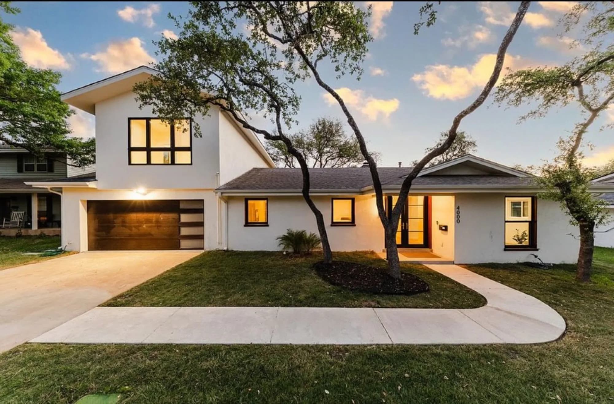 Modern remodeled Austin home exterior at dusk